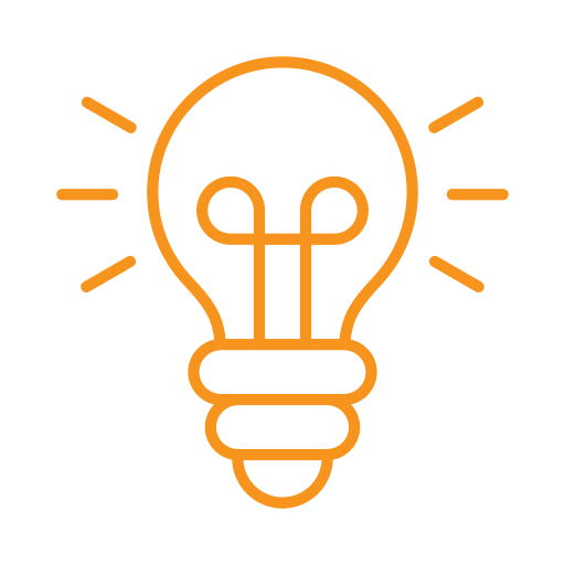 Bold orange light bulb icon with rays on black background, symbolizing creativity and innovation