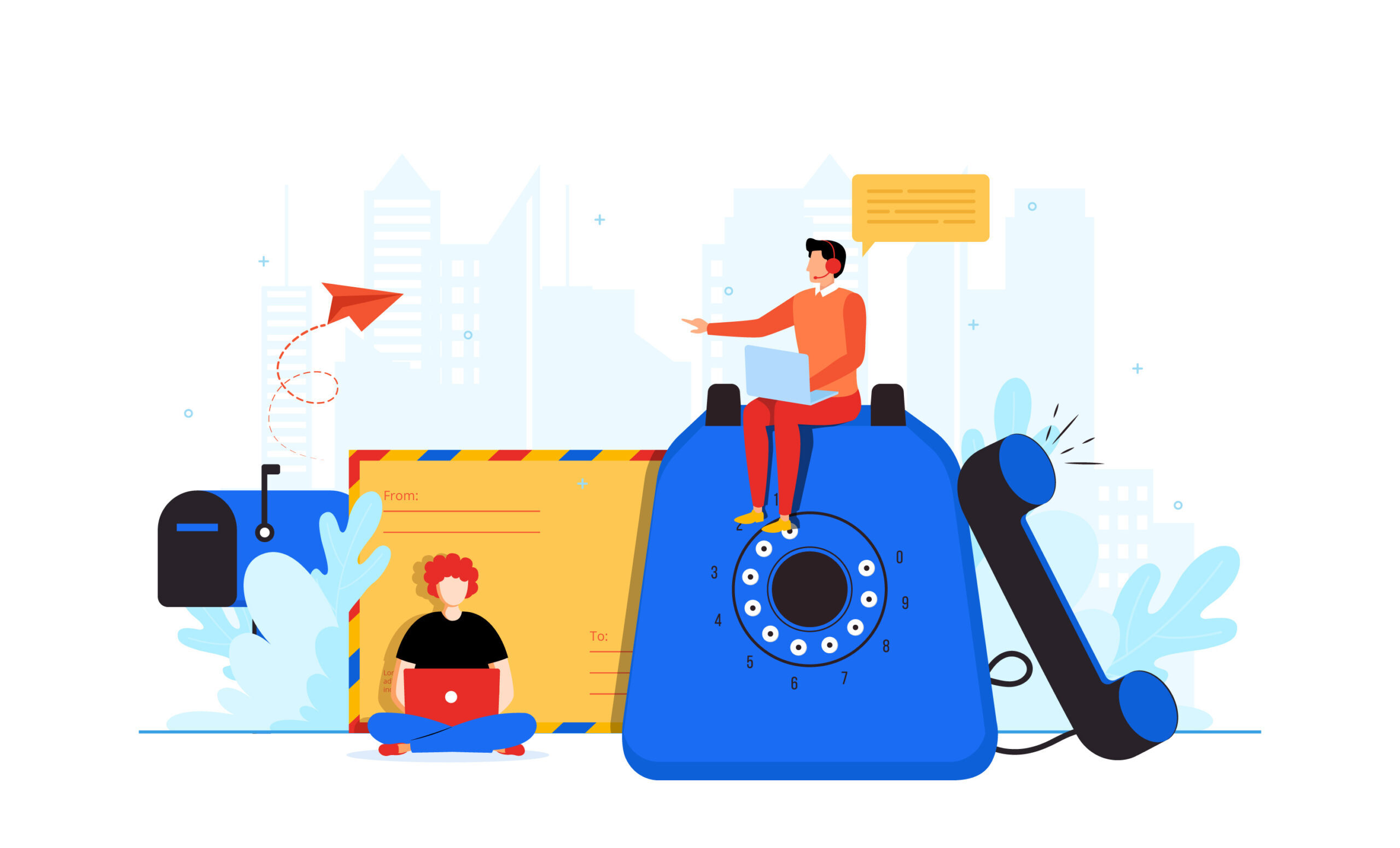 Modern illustration of people with rotary phone, laptop, mailbox, envelope, and paper plane for communication.