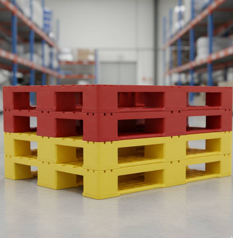 Red and yellow plastic pallets stacked on a warehouse floor with blue and orange shelving, creating an organized industrial scene.